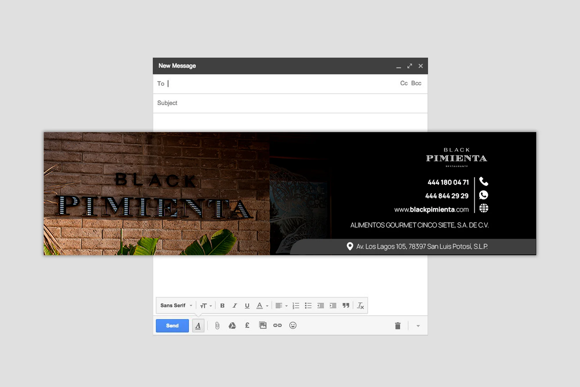 Black Pimienta: firma de correo con el logotipo y datos de contacto