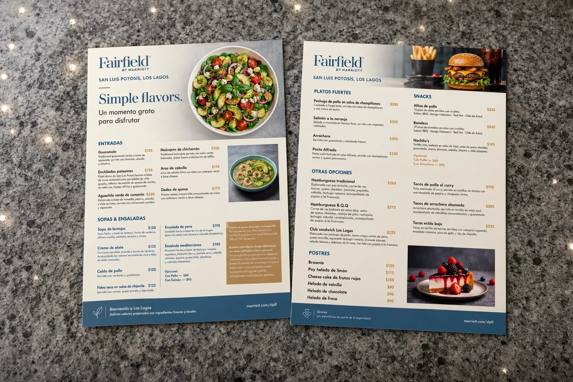 Fairfield: menús del restaurante sobre una superficie de granito