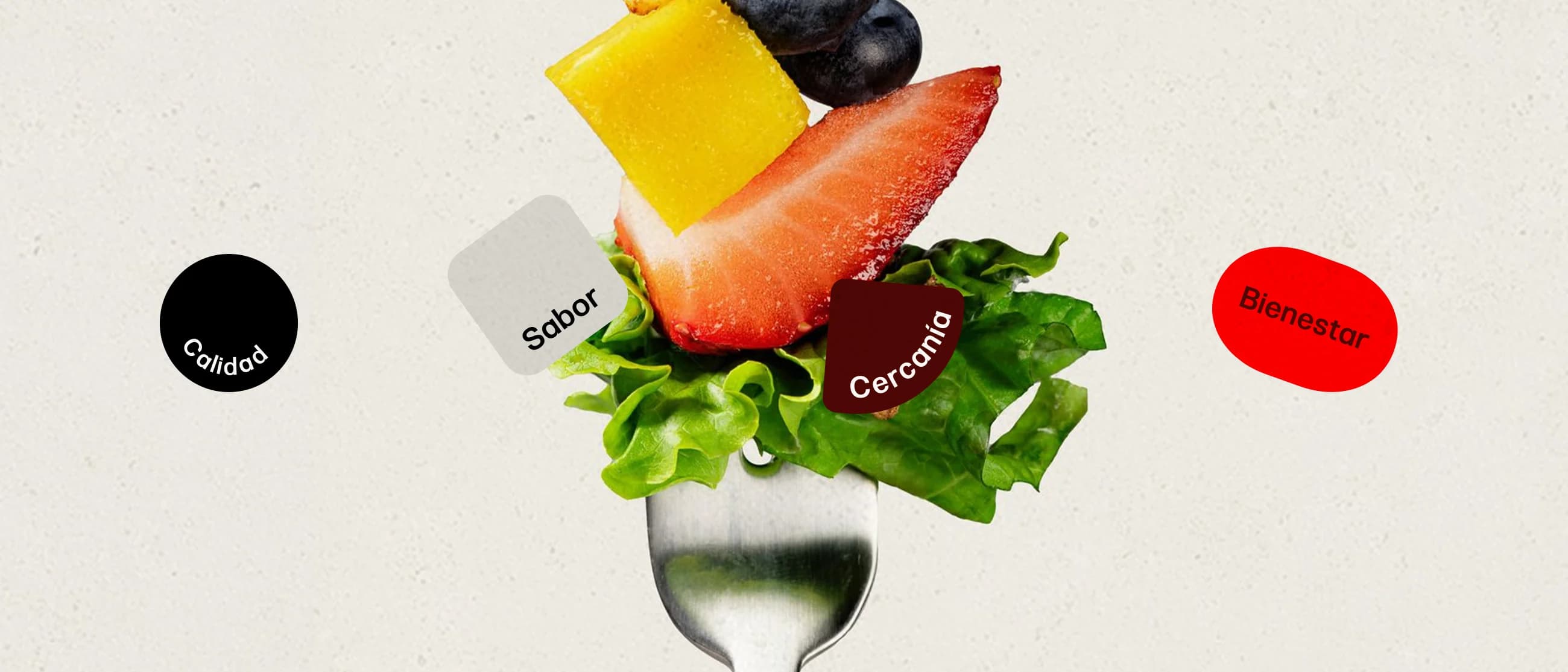 GACSA: tenedor con fruta y verdura rodeado de las palabras calidad, sabor, cercanía y bienestar